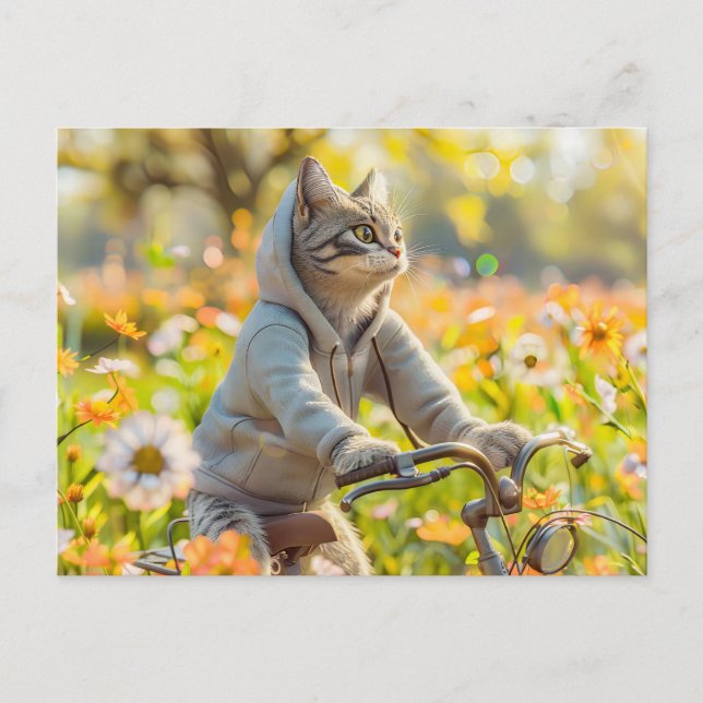 Cat in hoodie cycling across summer meadow helg vykort (Framsida)