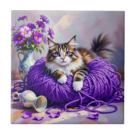 Cat  in Purple Yarn and Flowers   Kakelplatta