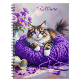 Cat  in Purple Yarn and Flowers Personalized Anteckningsbok