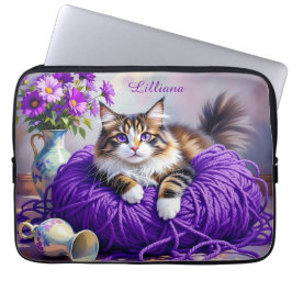 Cat  in Purple Yarn and Flowers Personalized Laptop Fodral