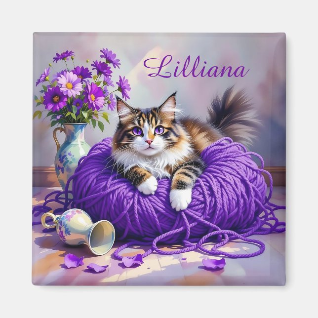 Cat  in Purple Yarn and Flowers Personalized Magnet (Framsidan)