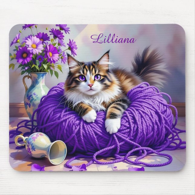 Cat  in Purple Yarn and Flowers Personalized Musmatta (Framsidan)