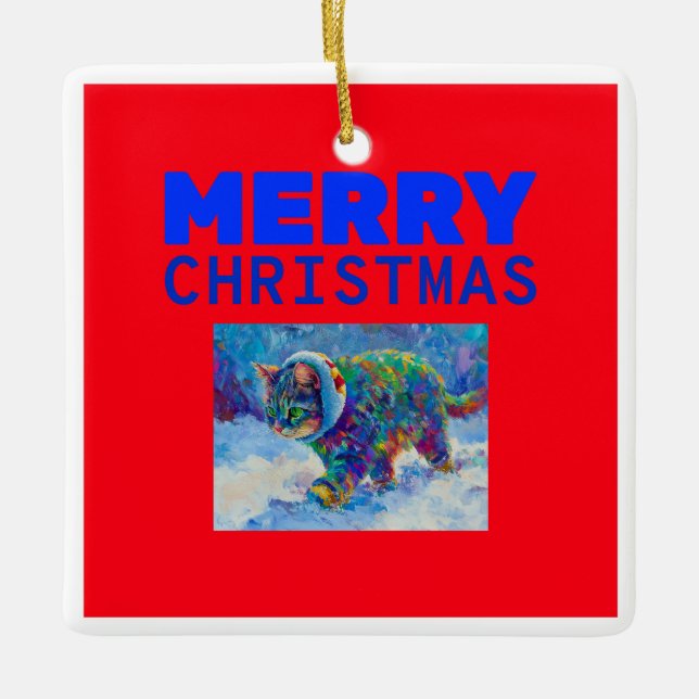 Cat in Snow Wearing Ear Muffs Julgransprydnad Keramik (Framsida)