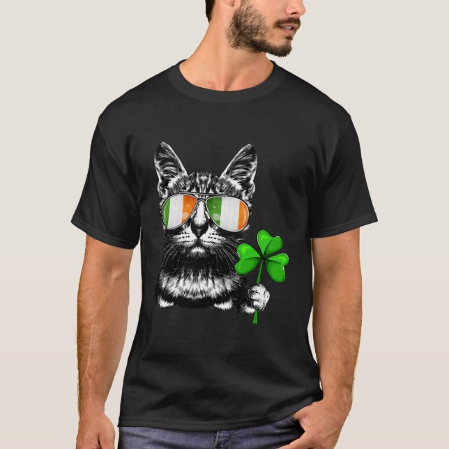 Cat Ireland Flagga Sunglasses Shamrock St Patricks T Shirt (Framsida)
