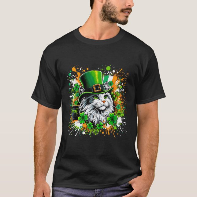 Cat Irish Patricks Day Wearing Leprechaun Hat T Shirt (Framsida)