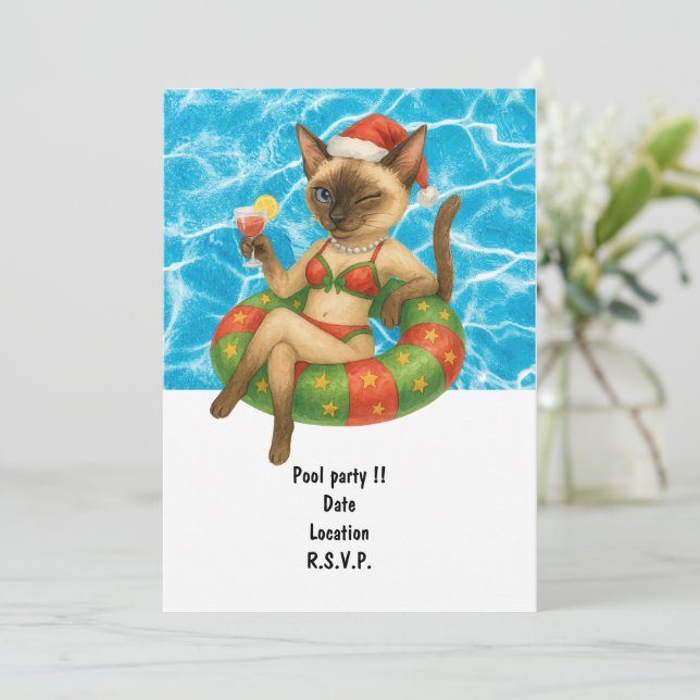 Cat is at the pool for pool party inbjudningar (Stående Fram)