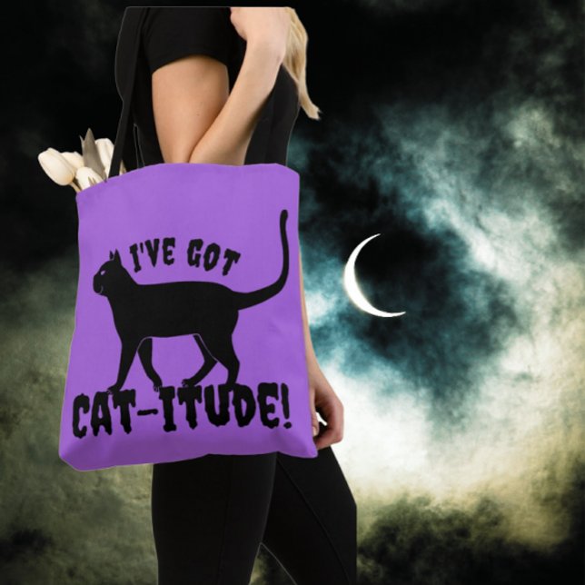 Cat itud Crazy Cat Dam Lila Dimma Tote Bag Tygkasse (You've got a Cat-itude attitude!)