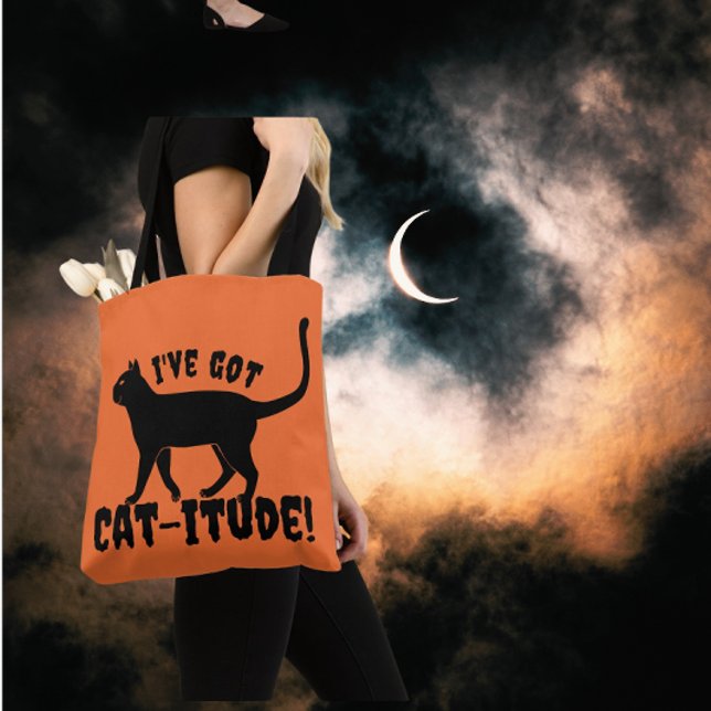 Cat-itud Orange Black Halloween Crazy Cat Dam Tygkasse (You've got Cat-Itude!)