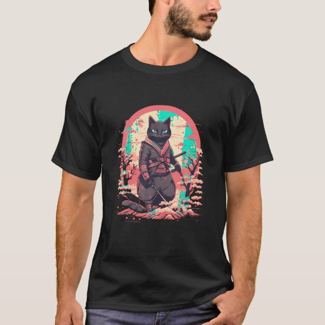 Cat Japansk Art Cat Ninja Ukiyo e Anime Samurai C T Shirt (Framsida)