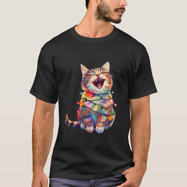 Cat jul Ljus Funny Santa Hat God jul T Shirt (Framsida)