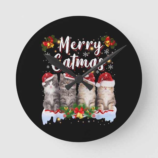 Cat jul Santa Hat Funny Merry Catmas Rund Klocka (Framsida)