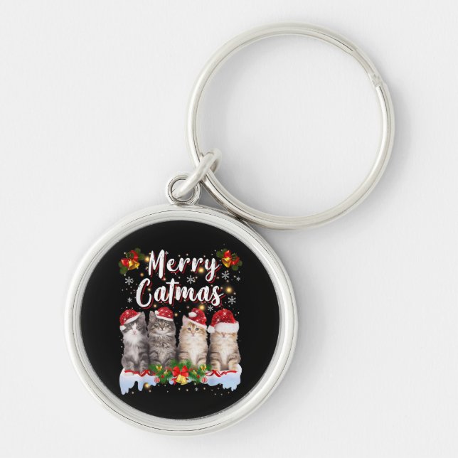 Cat jul Santa Hat Funny Merry Catmas Rund Silverfärgad Nyckelring (Framsidan)