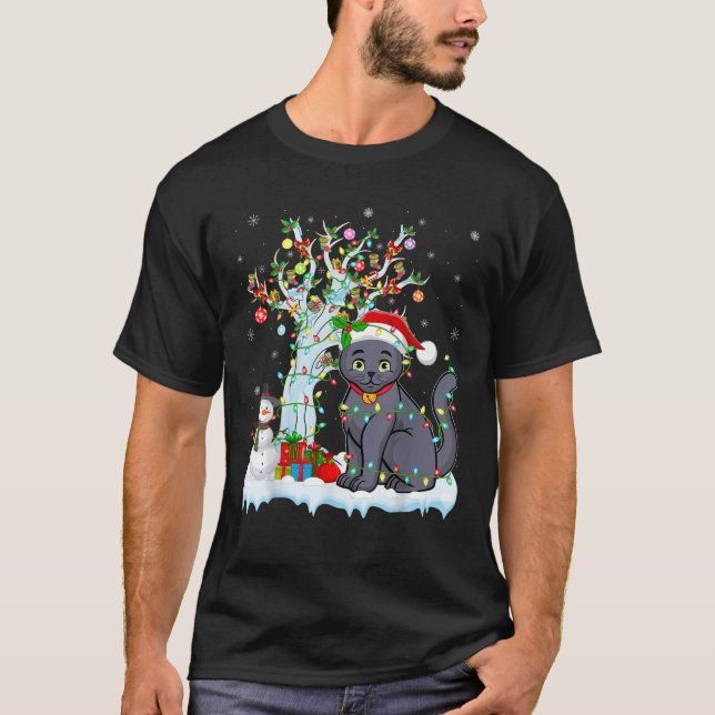 Cat Julafton Lighting Träd Santa Hat Russian Blue  T Shirt (Framsida)