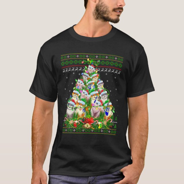 Cat Julafton Träd Lighting Ugly Cat-jul T Shirt (Framsida)