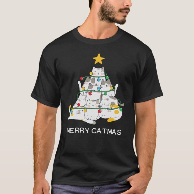 Cat Julgran Merry Catmas Meowy jul T Shirt (Framsida)