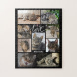 Cat KÄRLEK 9 Photo Collage Namn Anpassningsbar Pussel<br><div class="desc">Skapa ett fotopussel av din speciella katt med hjälp av den här lättladdade fotosamlingsmallen med 9 bilder med en modern manustypografi med titeln KÄRLEK accentuerad med whiskers och en personlig för rosa hjärtnos med en namn eller annan text i färg- och bakgrundsformat. ALTERNATIV: Välj andra pusslstorlekar och antal delara eller...</div>