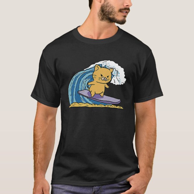 Cat Kattunge Kitten Surfing på en våg i Beach T Shirt (Framsida)