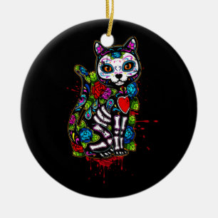 Cat Kattunge Kitten Tass Sugar Skull Calavera Hall Julgransprydnad Keramik