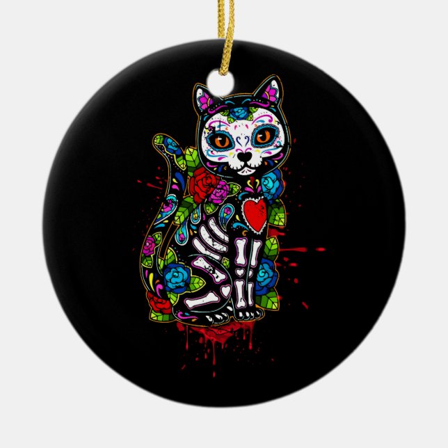 Cat Kattunge Kitten Tass Sugar Skull Calavera Hall Julgransprydnad Keramik (Framsidan)