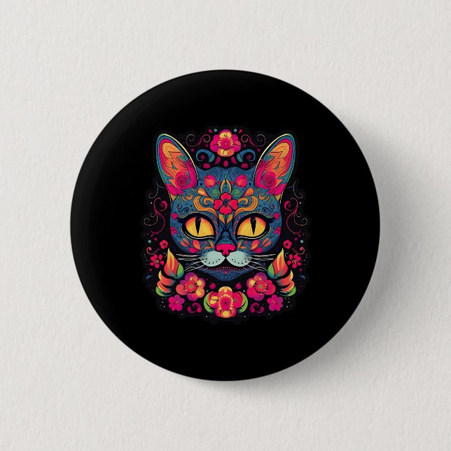 Cat Kattunge Kitten Tass Sugar Skull Calavera Hall Knapp (Framsida)