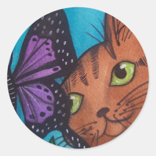 Cat Kattunge och Butterfly Runt Klistermärke