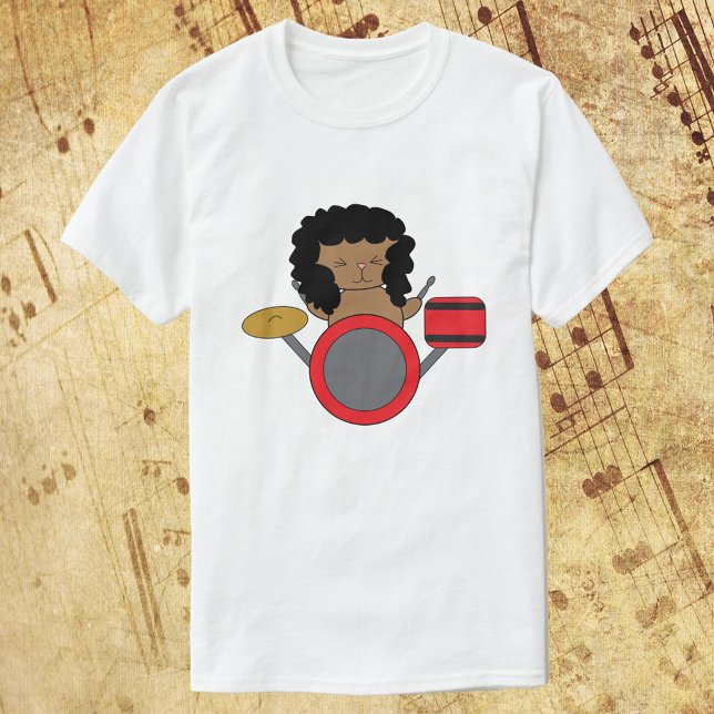 Cat Kawaii Drummer Metall Hair Band T Shirt (A fun shirt with a kawaii cat playing drums while dressed like a metal hair band rocker!)