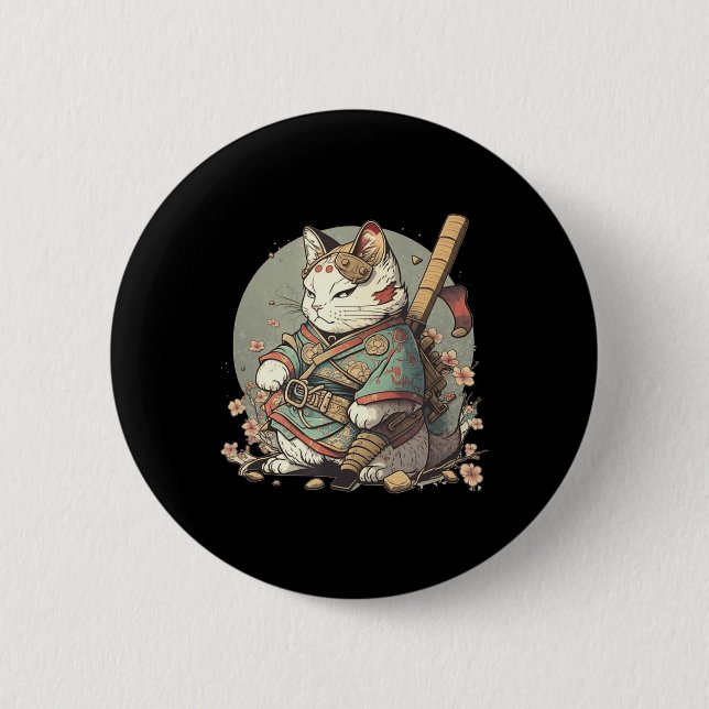 Cat Kawaii Stil Samurai Anime Kitten Japanska Knapp (Framsida)