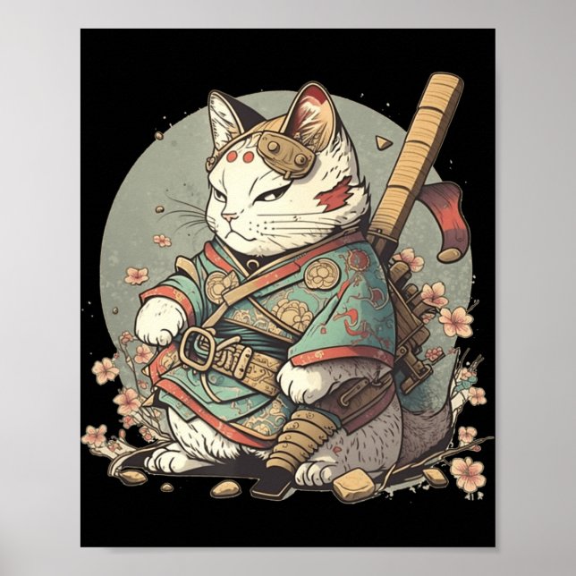 Cat Kawaii Stil Samurai Anime Kitten Japanska Poster (Framsidan)