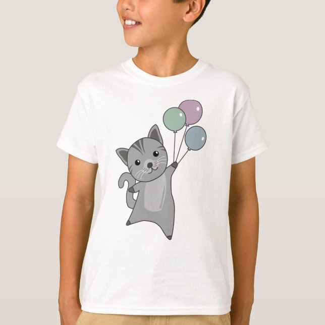 Cat Kitten Balloons Cute Animals Kids T Shirt (Framsida)