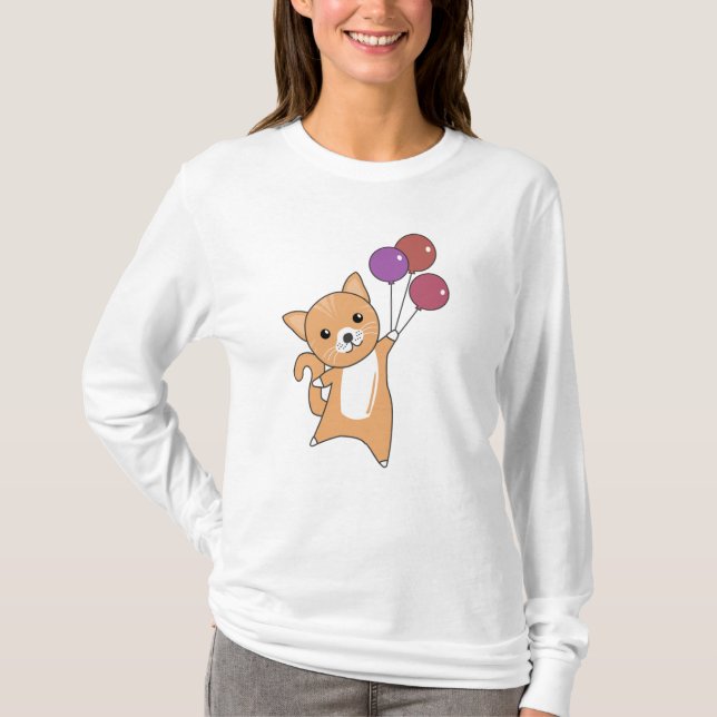 Cat Kitten Balloons Cute Animals Red Cats T Shirt (Framsida)