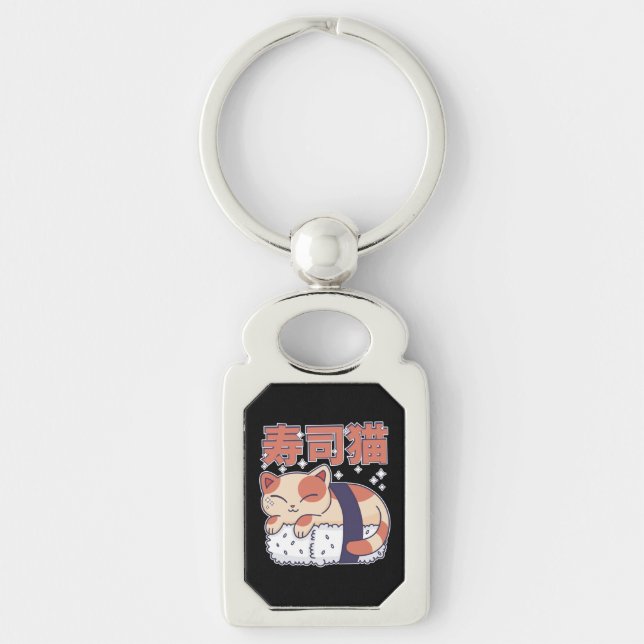 Cat Kitten Kitten Asian Food Älskare Rektangulärt Silverfärgad Nyckelring (Framsidan)