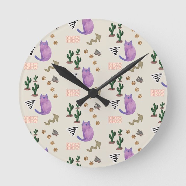 Cat Kitten Meow time Clock Rund Klocka (Framsida)