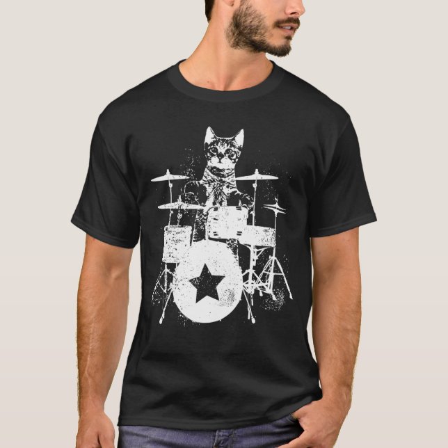 Cat Kitten Musician Drummer Play Drum Set T Shirt (Framsida)
