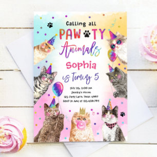 Cat Kitten Party Pawty Animals Girl Birthday Inbjudningar