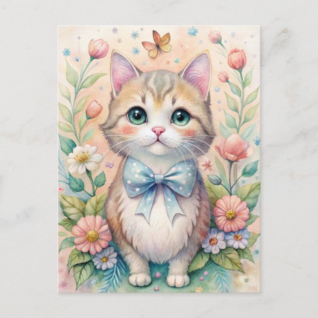 Cat Kitten Pastel Bow Wildflowers  Vykort (Framsida)