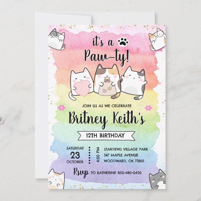 Cat Kitten Rainbow Birthday Boy Girl-inbjudan Inbjudningar (Framsida)