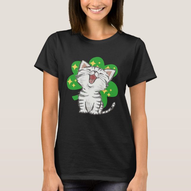 Cat Kitten Shamrock Lucky St Patricks Day T Shirt (Framsida)