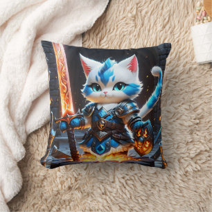 Cat Knight i Armor Wielding a Flaming Sword Kudde
