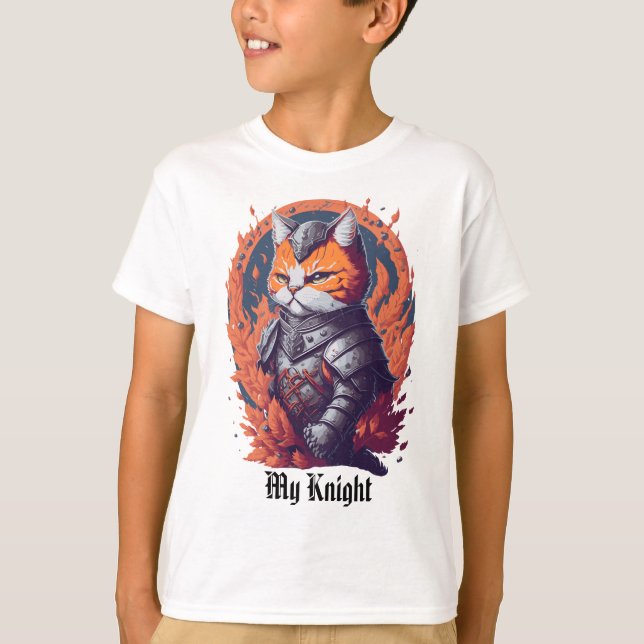 Cat Knight Warrior with Fire T Shirt (Framsida)