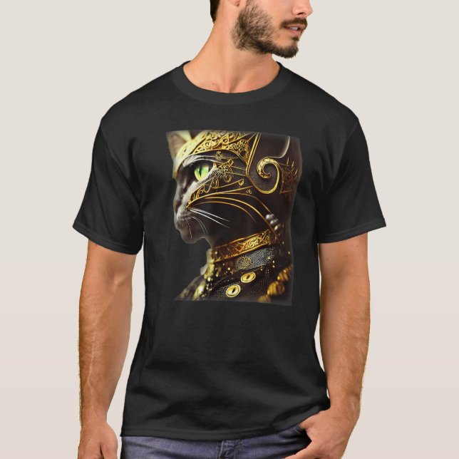 Cat Knight Wearing Gold Filigree Armor Black T Shirt (Framsida)