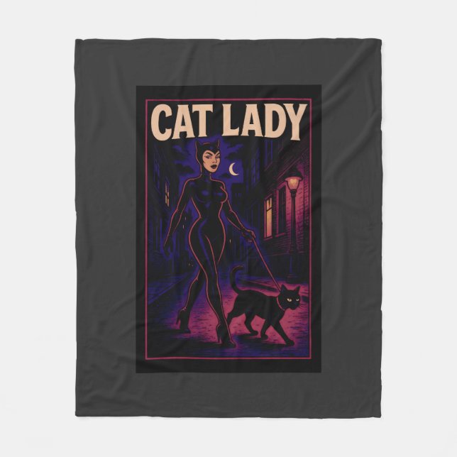 Cat Lady -Cats Art Lover- City Night Comic Graphic Fleecefilt (Framsidan)