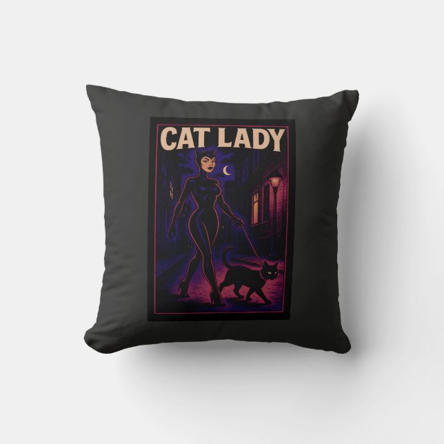 Cat Lady -Cats Art Lover- City Night Comic Graphic Kudde (Framsida)