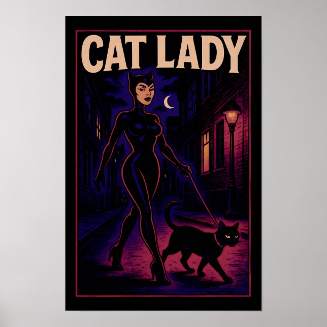 Cat Lady -Cats Art Lover- City Night Comic Graphic Poster (Framsidan)