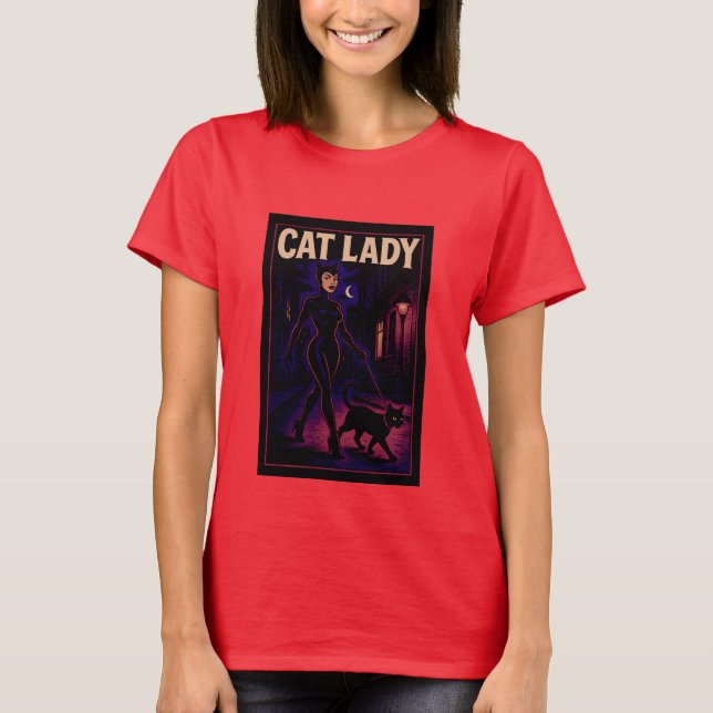 Cat Lady -Cats Art Lover- City Night Comic Graphic T Shirt (Framsida)