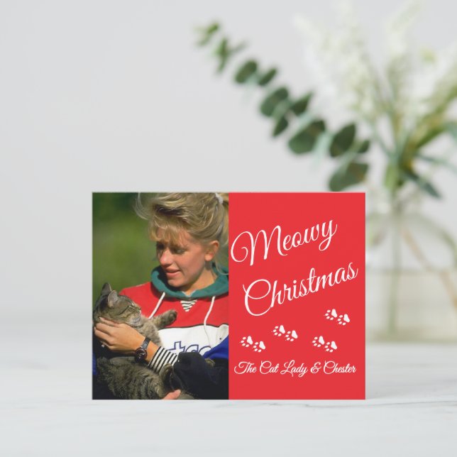 Cat Lady Christmas Photo Holiday Paw Prints Red Vykort (Stående Fram)