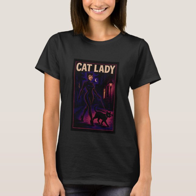 Cat Lady City Night Comic | Graphic Cats Mom Lover T Shirt (Framsida)