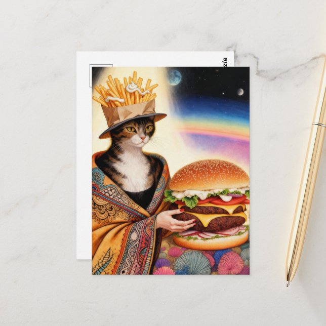 Cat Lady French Fries Hat and a Cheeseburger Vykort (Fram/Back In Situ)