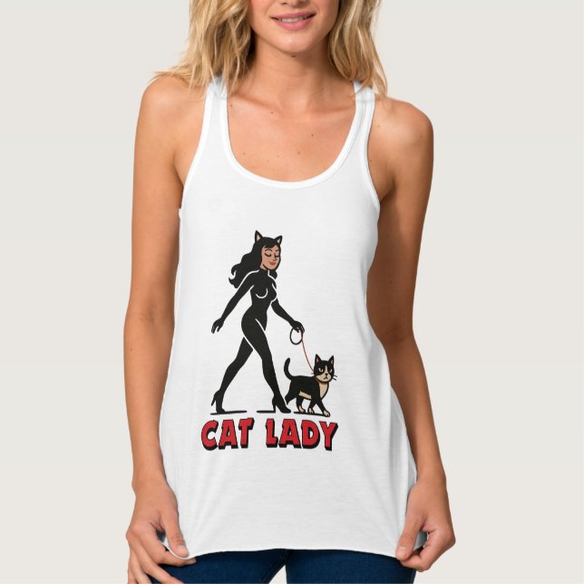 Cat Lady - Tuxedo Cats Lover - Comic Art Graphic Linne Med Racerback (Framsida)