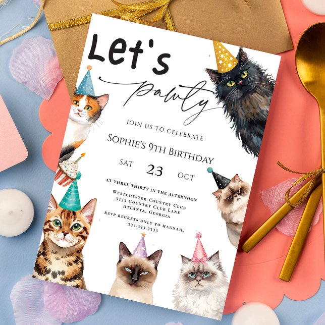 Cat Låt oss Pawty Kitten Cute kattunge 9:e födelse Inbjudningar (Skapare uppladdad)