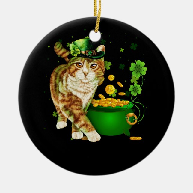 Cat Leprechaun Hat Shamrock St patrick's day Guld Julgransprydnad Keramik (Framsidan)